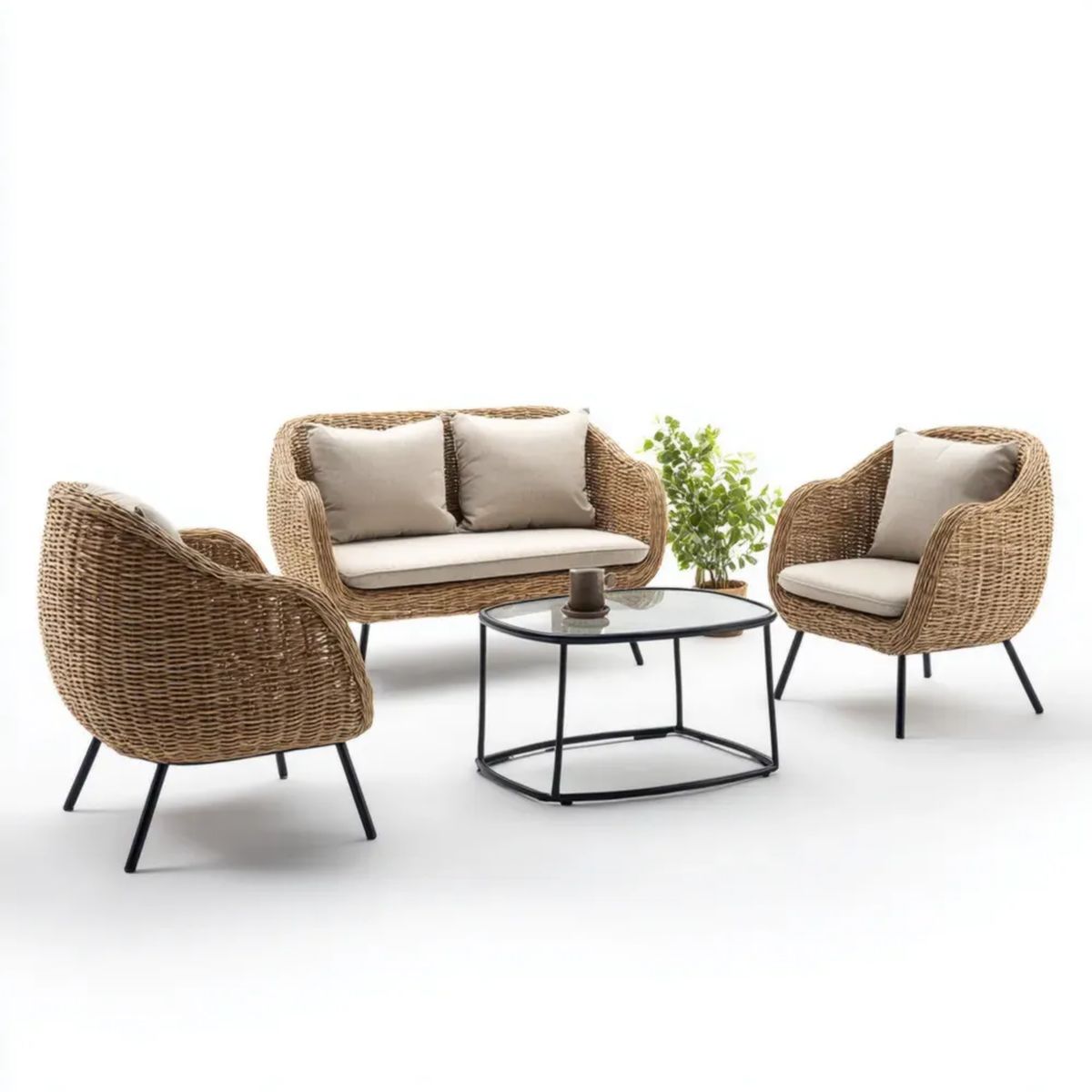 4-elementowy zestaw mebli ogrodowych z technorattanu i stali – brązowy/beżowy, sofa 140 × 75 × 80 cm, 2 fotele 75 × 75 × 80 cm, stolik 110 × 60 × 45 cm
