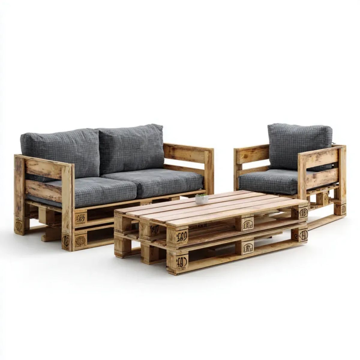 Ogrodowy zestaw wypoczynkowy z palet z drewna sosnowego, naturalny brąz i ciemnoszary – sofa 120 × 80 cm, fotel, stolik 120 × 80 cm