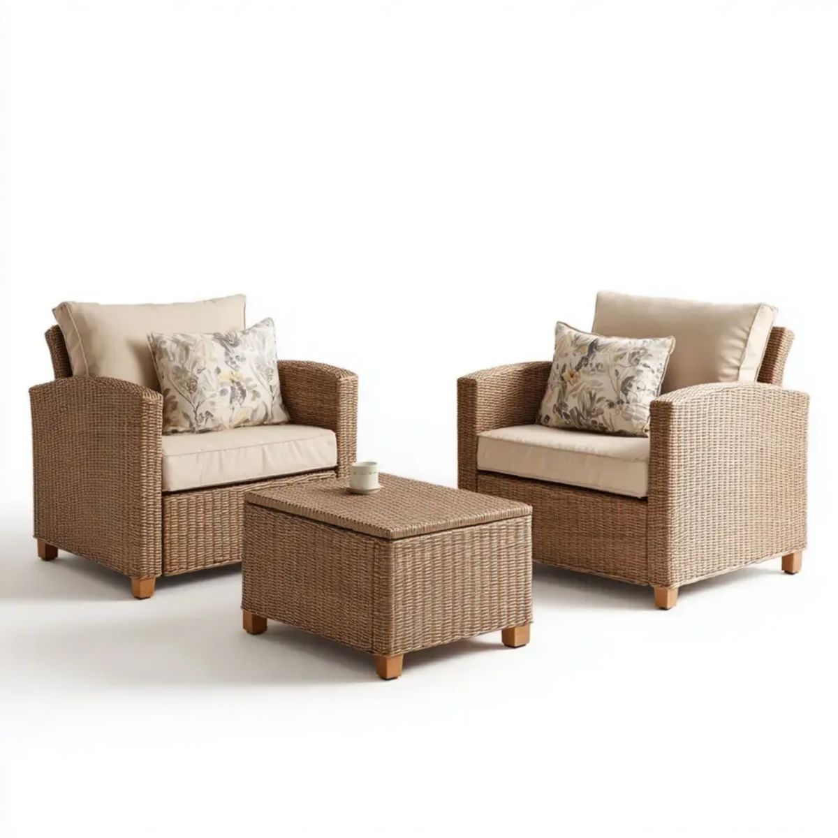 Zestaw mebli ogrodowych z technorattanu – 2 fotele 75 × 75 × 85 cm i stolik 90 × 50 × 45 cm, brązowo-jasnobeżowy