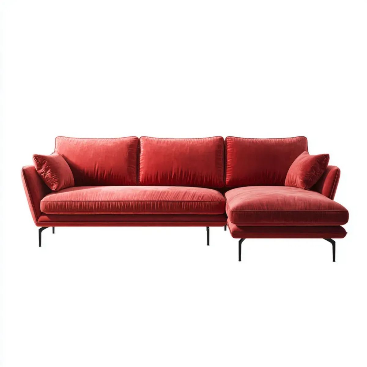 Czerwona sofa narożna w kształcie L z aksamitną tapicerką i prawostronnym szezlongiem, 280 x 160 x 85 cm