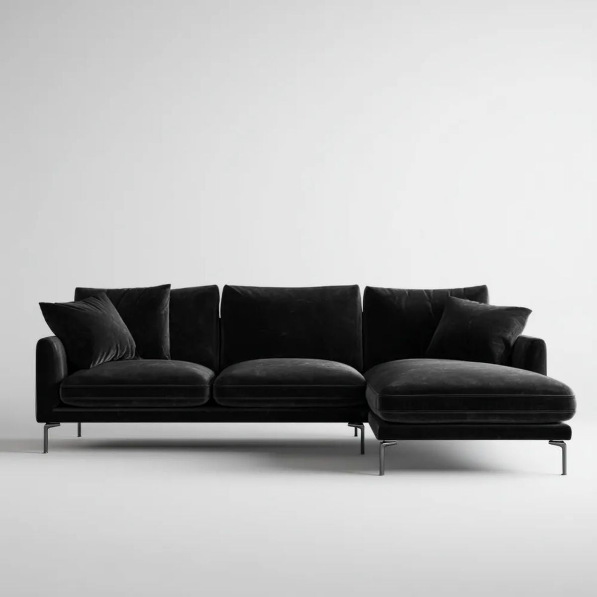 Czarna sofa narożna z prawostronnym szezlongiem, tapicerka aksamitna, 280 x 165 x 85 cm