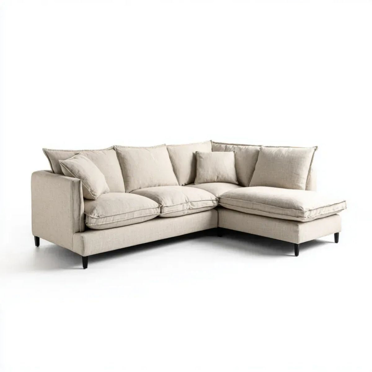 Beżowa sofa narożna w kształcie L z prawostronnym szezlongiem, tapicerka poliestrowa, 260 × 170 × 85 cm