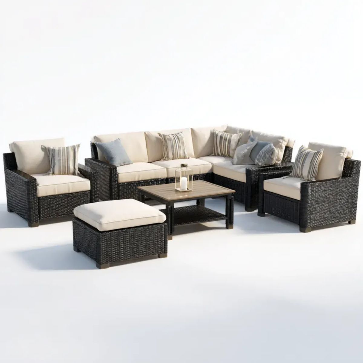 7-częściowy modułowy zestaw mebli ogrodowych z technorattanu, czarno-beżowy, stolik 100 × 60 × 45 cm
