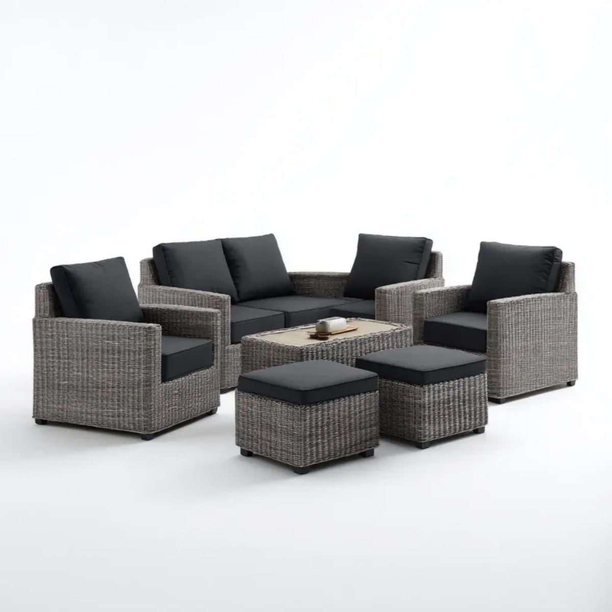6-częściowy zestaw wypoczynkowy z technorattanu szaro-czarny – sofa 2-osobowa 122 x 68 x 75 cm, 2 fotele, stolik i 2 pufy