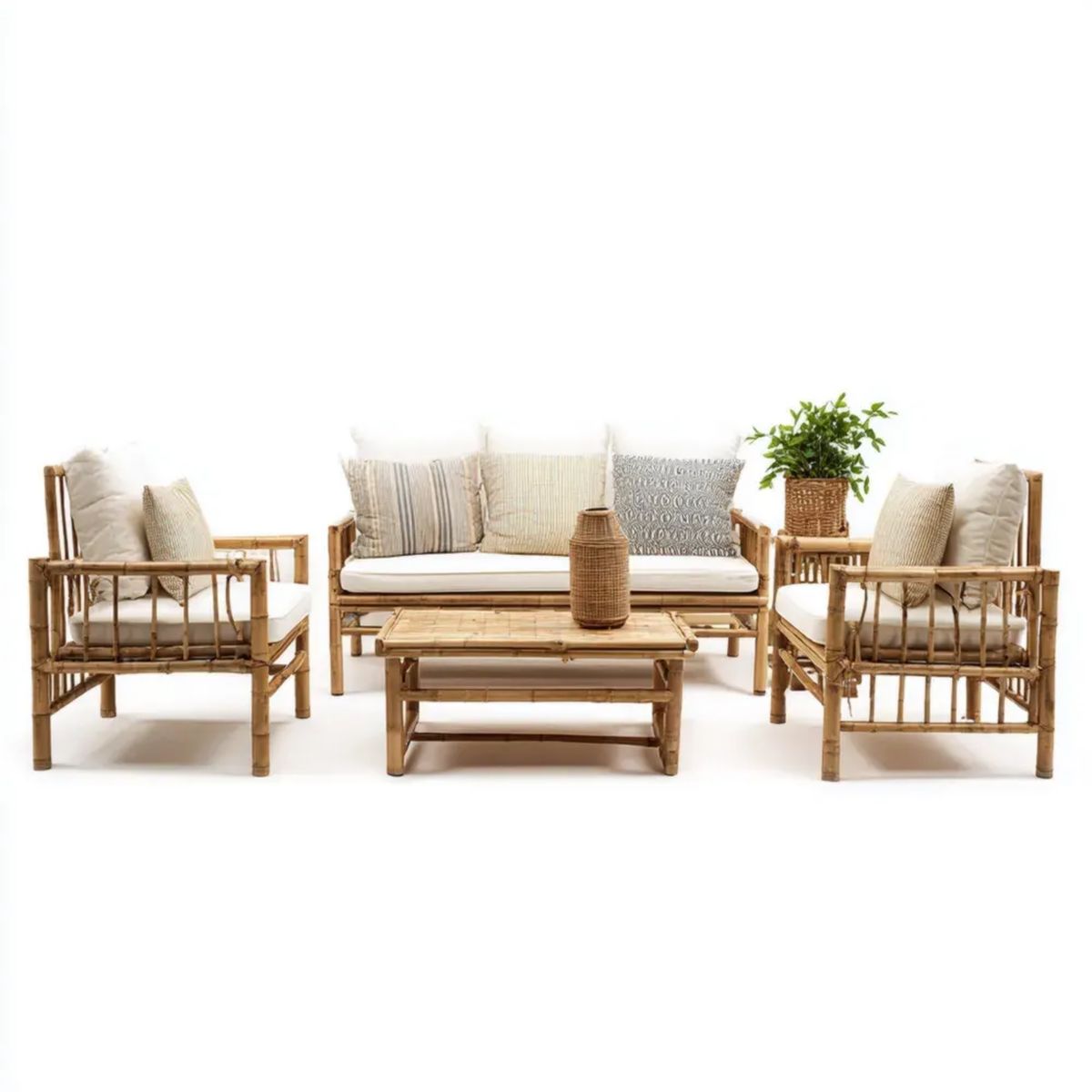 4-częściowy ogrodowy zestaw wypoczynkowy z bambusa, naturalny beżowy/kremowy, sofa 120 x 70 x 75 cm