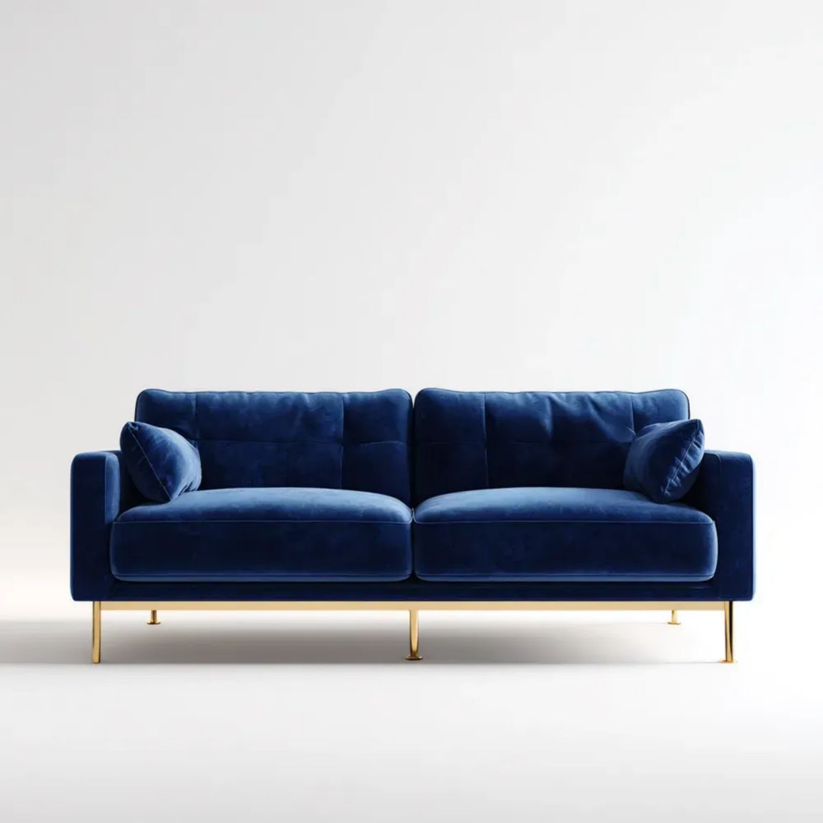 Trzyosobowa sofa granatowa z tapicerką aksamitną i złotymi metalowymi nogami, 220 x 92 x 86 cm