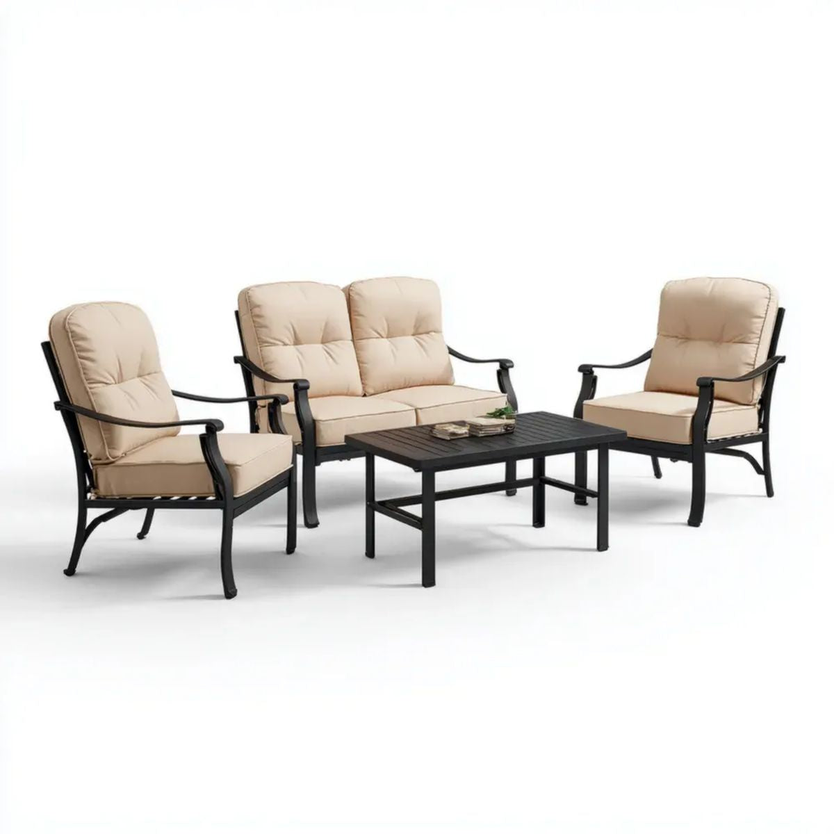 4-elementowy stalowy zestaw mebli ogrodowych: sofa 2-osobowa 123 x 69 x 89 cm, 2 fotele i stolik 90 x 50 x 45 cm, beżowo-czarny
