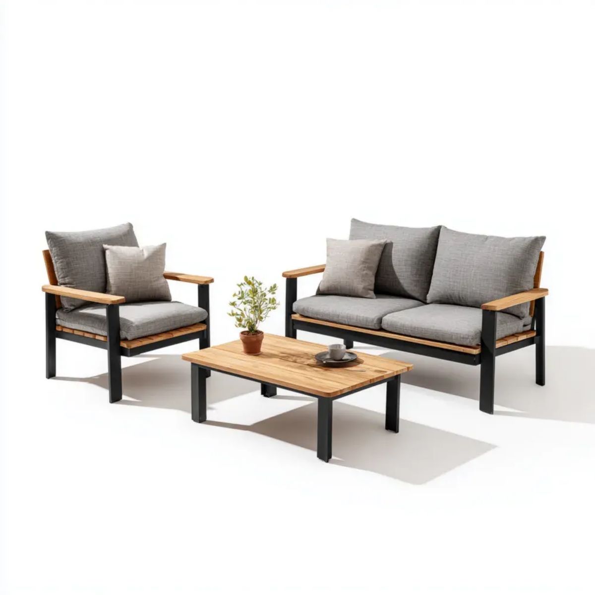 3-częściowy zestaw mebli ogrodowych: sofa 128 × 72 × 78 cm, fotel 70 × 72 × 78 cm i stolik 100 × 60 × 43 cm, szary, z drewna i stali