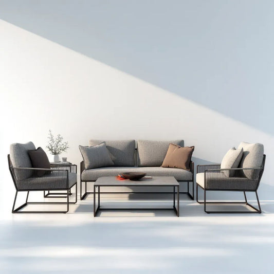 4-częściowy zestaw mebli ogrodowych ze stali i poliestru, czarno-szary – sofa 180 × 75 × 75 cm, stolik 110 × 60 × 42 cm