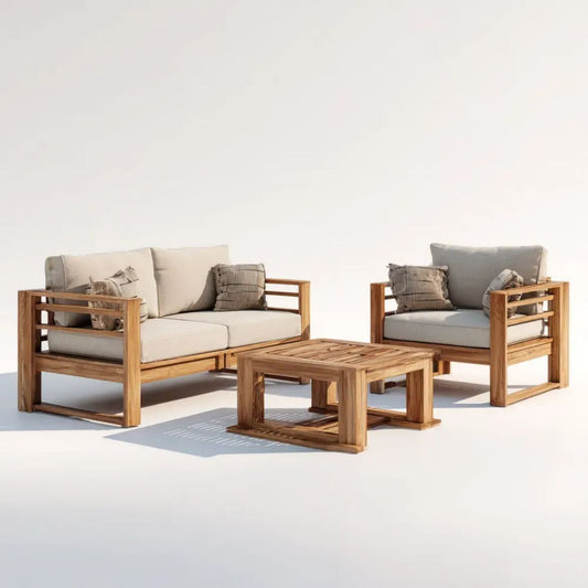 3-częściowy drewniany zestaw ogrodowy z akacji: sofa 2-osobowa 150 x 75 x 70 cm, fotel 75 x 75 x 70 cm i stolik 100 x 60 x 45 cm, brązowo-beżowo-jasnoszary