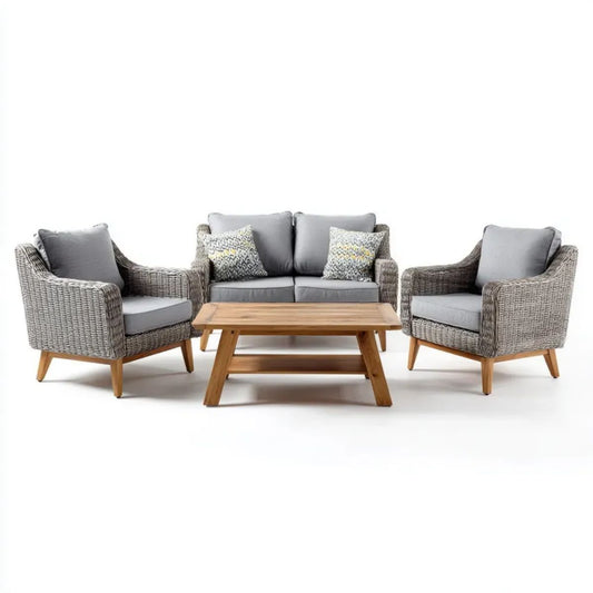4-częściowy zestaw mebli ogrodowych z technorattanu i drewna, szaro-brązowy, sofa 128 × 76 × 82 cm, stolik 110 × 60 × 45 cm