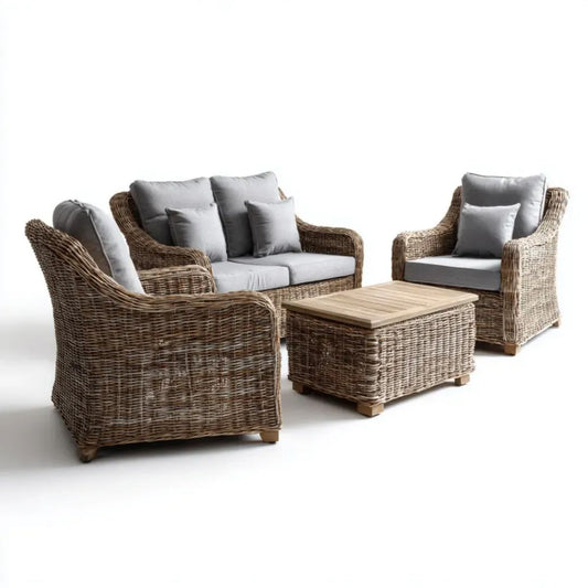 4-częściowy zestaw mebli ogrodowych z rattanu, naturalny brąz/szary, sofa 2-osobowa, 2 fotele i stolik 110 × 60 × 45 cm