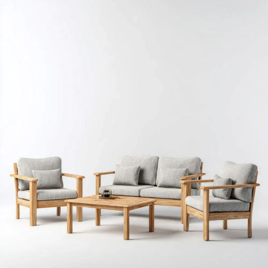 4-częściowy drewniany zestaw wypoczynkowy outdoor: sofa 2-osobowa 130 × 75 × 78 cm, 2 fotele, stolik kawowy i jasnoszare poduszki