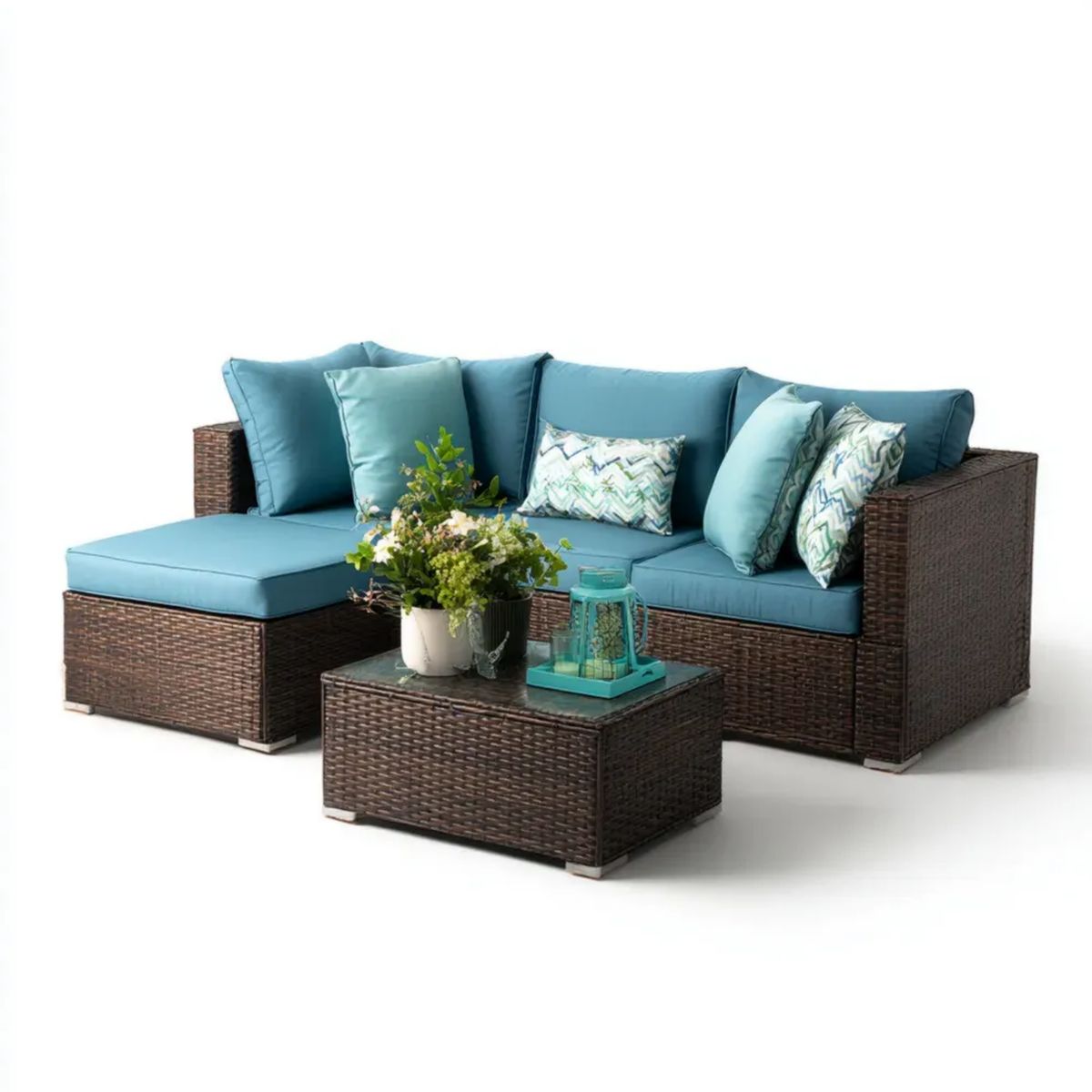3-częściowy zestaw wypoczynkowy ogrodowy z technorattanu, ciemnobrązowy/turkusowy – sofa 160 × 80 × 65 cm, pufa 70 × 70 × 35 cm, stolik 90 × 50 × 45 cm