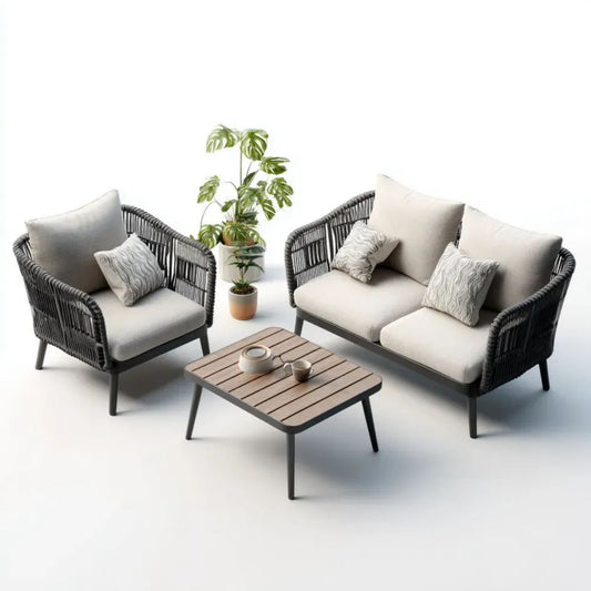 3-częściowy zestaw ogrodowy z technorattanu i stali – sofa 2-osobowa 140 × 75 cm, fotel 78 × 75 cm, stolik 100 × 60 cm, ciemnoszary/czarny/beżowy/naturalny brąz