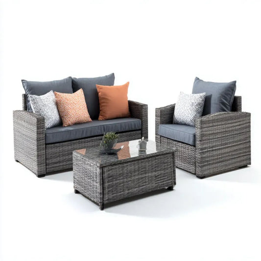 3-częściowy zestaw mebli ogrodowych z technorattanu, szary i antracytowy, sofa 124 × 70 × 78 cm, fotel 73 × 70 × 78 cm, stolik 100 × 50 × 45 cm