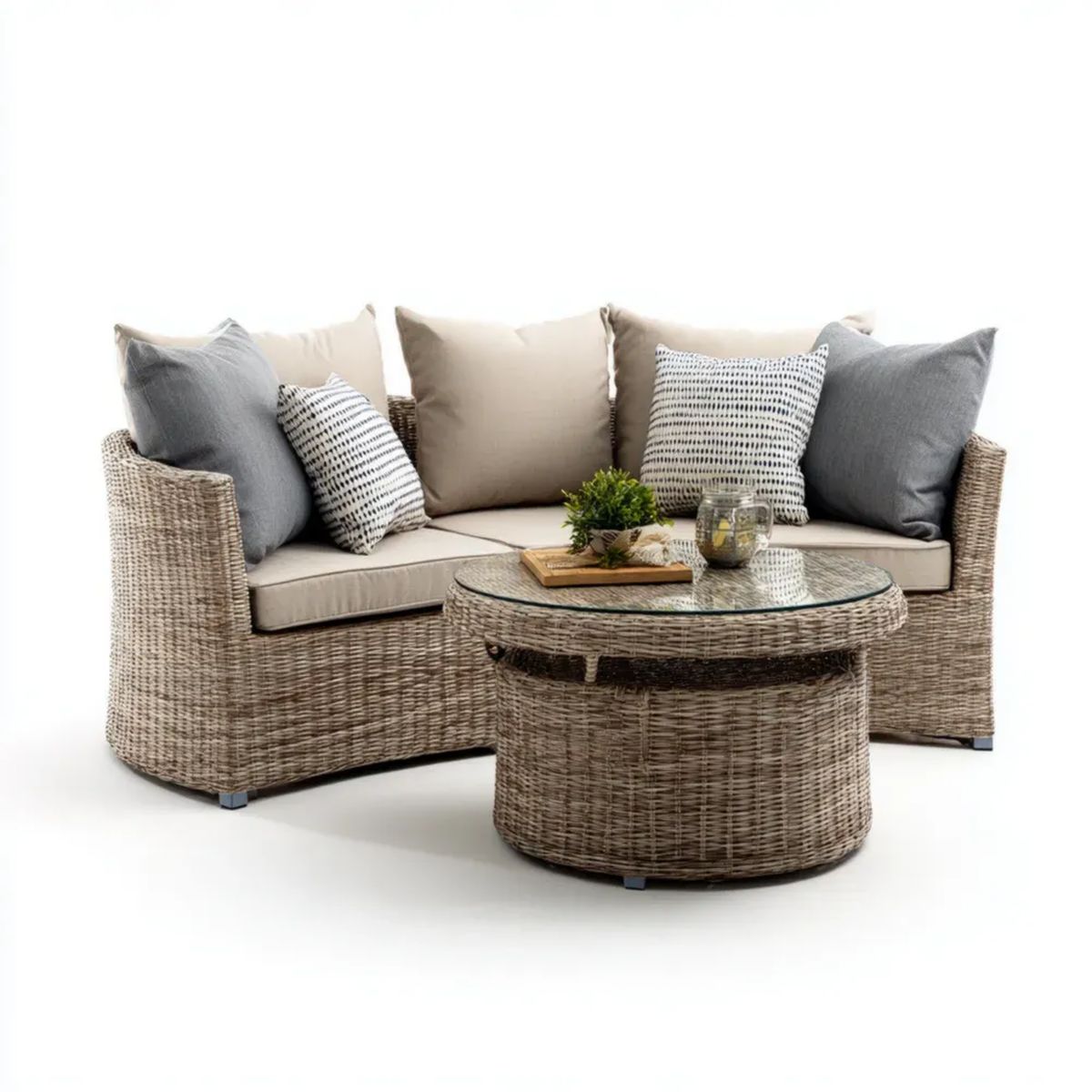 Ogrodowy zestaw wypoczynkowy z technorattanu brązowo-beżowo-szary, sofa 220 x 160 x 75 cm ze stolikiem Ø 100 cm