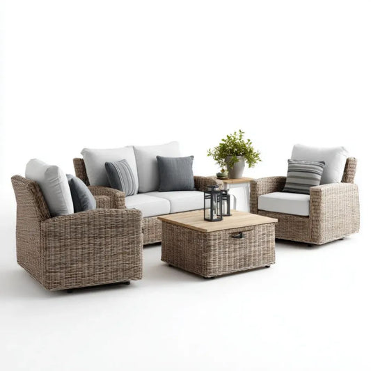 4-częściowy ogrodowy zestaw wypoczynkowy z technorattanu beżowo-brązowy z jasnoszarymi poduszkami, sofa 130 × 75 × 85 cm, stolik 100 × 60 × 45 cm