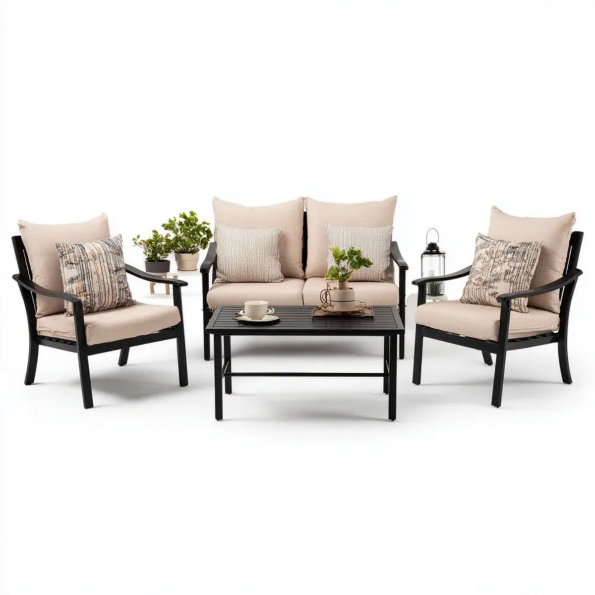4-częściowy zestaw mebli ogrodowych: sofa 2-osobowa 126 × 74 cm, 2 fotele i stolik 100 × 60 cm, czarna stal, beżowe poduszki