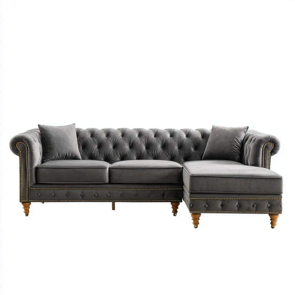 Prawostronna sofa narożna Chesterfield w kształcie L z aksamitu poliestrowego, ciemnoszara, 275 × 165 × 78 cm