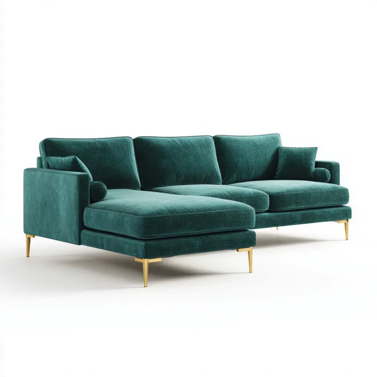 Ciemnozielona aksamitna sofa narożna z lewym szezlongiem, 280 x 160 x 85 cm