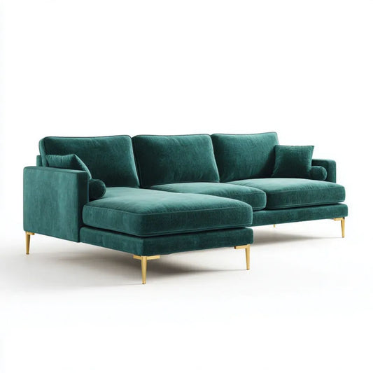 Ciemnozielona aksamitna sofa narożna z lewym szezlongiem, 280 x 160 x 85 cm