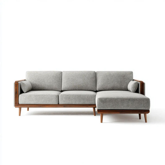 Prawostronna sofa narożna szara z tapicerką poliestrową i ramą z litego drewna, 250 x 160 x 82 cm