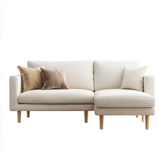 Kremowa sofa narożna z prawym szezlongiem, tapicerka poliestrowa, 220 × 150 × 85 cm