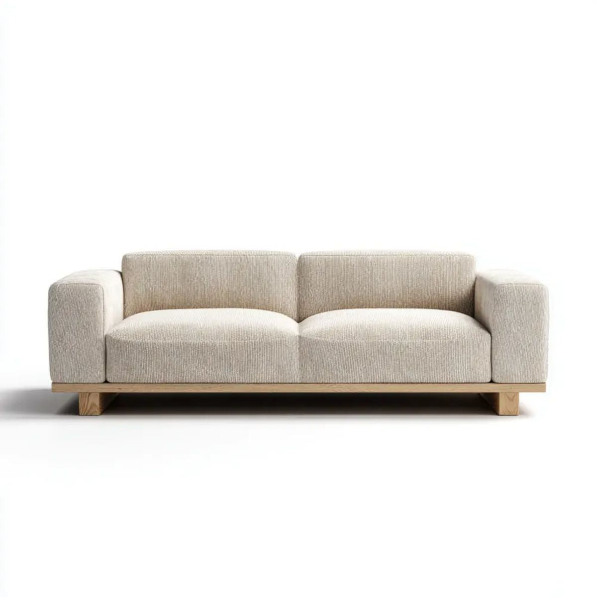 Dwuosobowa sofa drewniana z beżową tapicerką poliestrową, 180 × 90 × 75 cm