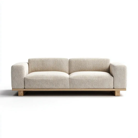 Dwuosobowa sofa drewniana z beżową tapicerką poliestrową, 180 × 90 × 75 cm