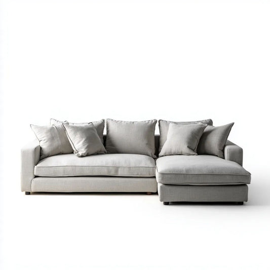 Jasnoszara sofa narożna z prawostronnym szezlongiem, tapicerka poliestrowa, 270 × 160 × 85 cm
