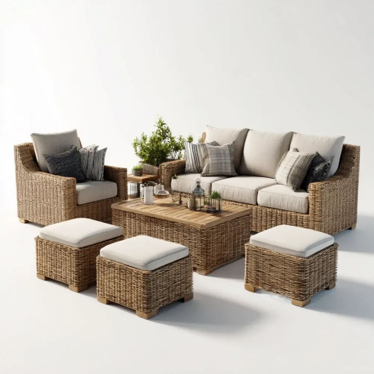 7-częściowy zestaw mebli ogrodowych z technorattanu – sofa 3-osobowa 210 × 85 × 80 cm, fotel, stolik 120 × 70 × 45 cm i 3 pufy, brązowo-beżowy