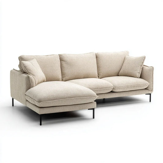 Beżowa sofa narożna z szezlongiem z poliestru, w kształcie litery L, 280 × 170 × 85 cm