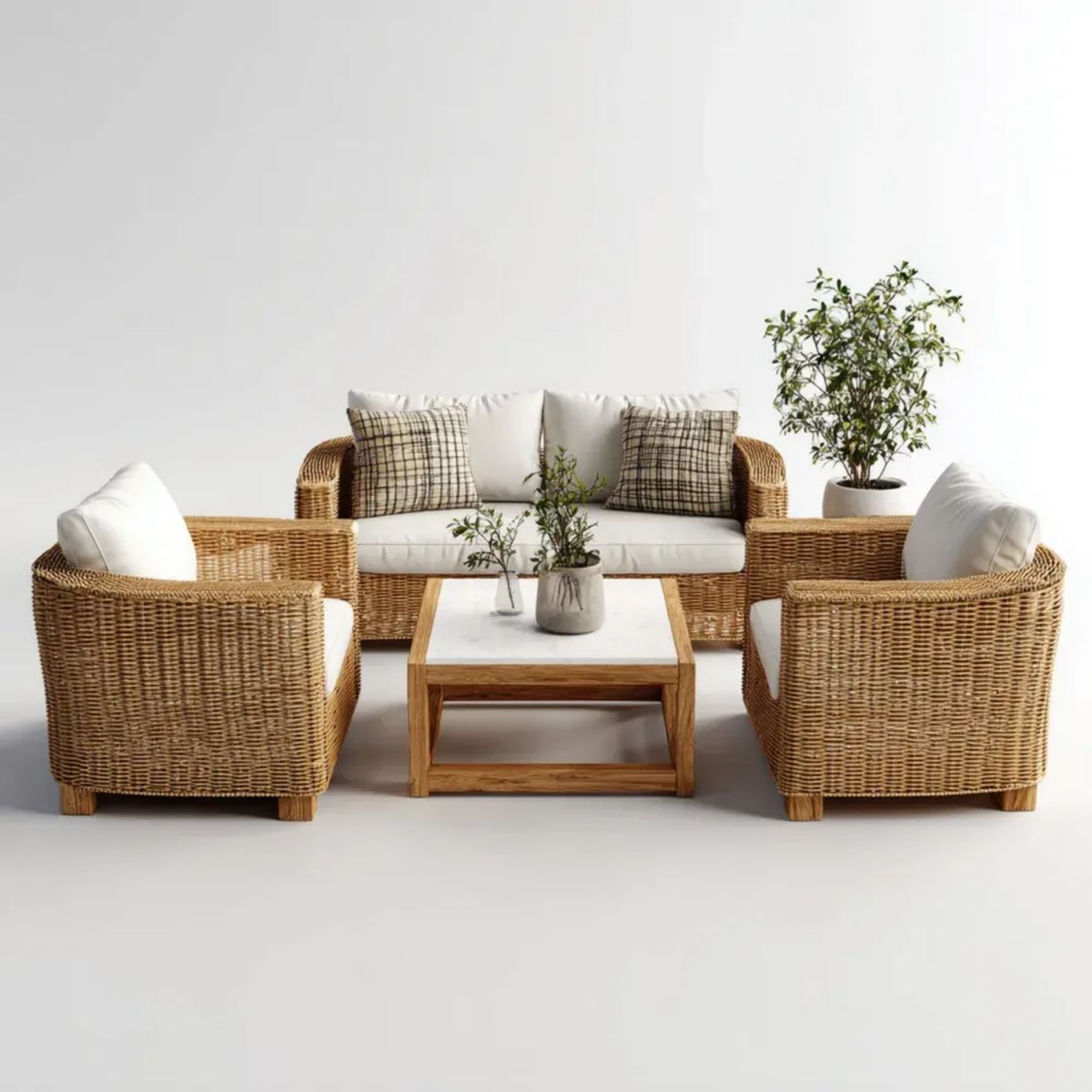 4-częściowy zestaw mebli ogrodowych z rattanu naturalnego – sofa 130 × 75 × 80 cm, 2 fotele 75 × 75 × 80 cm, stolik 90 × 50 × 45 cm