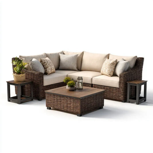 Ogrodowy zestaw mebli z technorattanu PE – sofa narożna 245 × 245 × 82 cm, stolik kawowy i 2 stoliki boczne, ciemnobrązowo-beżowy