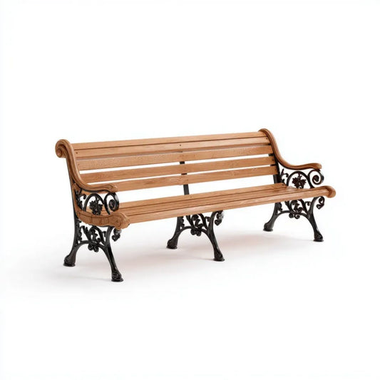 Ławka ogrodowa 3-osobowa z litego drewna i żeliwa, brązowo-czarna, 150 x 63 x 82 cm