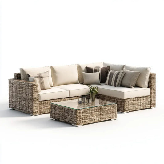 3-częściowy narożny zestaw mebli ogrodowych z technorattanu, beżowo-brązowo-kremowy, sofa 230 × 230 cm ze stolikiem szklanym