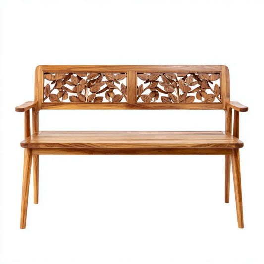 Dwuosobowa ławka ogrodowa z drewna, brązowa, 120 × 60 × 90 cm, rzeźbione oparcie