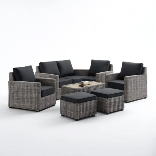 6-częściowy zestaw wypoczynkowy z technorattanu szaro-czarny – sofa 2-osobowa 122 x 68 x 75 cm, 2 fotele, stolik i 2 pufy
