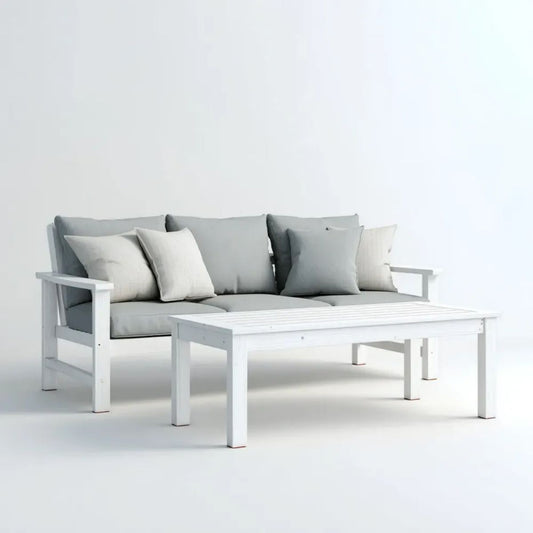 Drewniany zestaw mebli ogrodowych: sofa 3-osobowa 180 × 75 × 75 cm i stolik kawowy 120 × 60 × 45 cm, biały