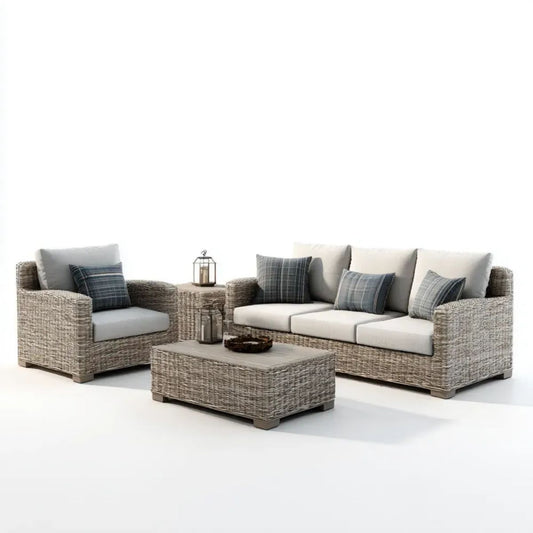 4-częściowy zestaw wypoczynkowy z technorattanu, szary i jasnoszary – sofa 210 × 80 × 75 cm, fotel, stolik kawowy i stolik boczny