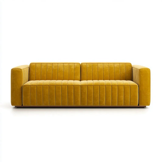 Dwuosobowa sofa z aksamitu, musztardowa z czarną metalową podstawą, 160 x 85 x 78 cm