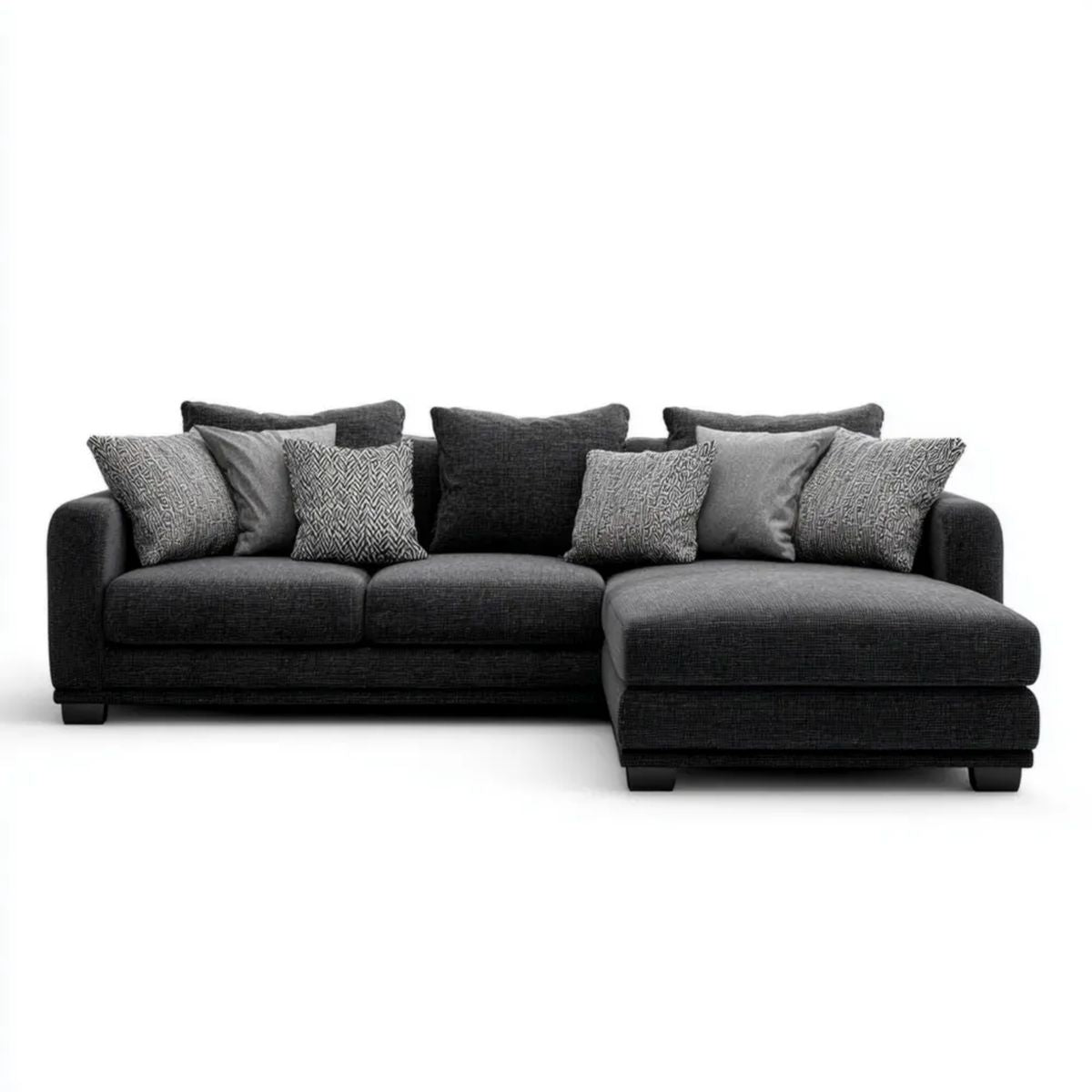 Prawostronna sofa narożna z szezlongiem, tapicerka poliestrowa, grafitowa, 300 × 170 × 85 cm