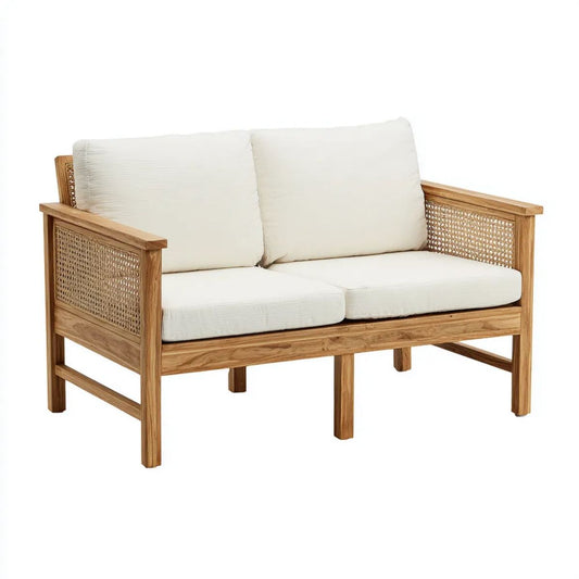 Dwuosobowa sofa z drewna i rattanu z białymi poduszkami, 120 × 70 × 78 cm, naturalna