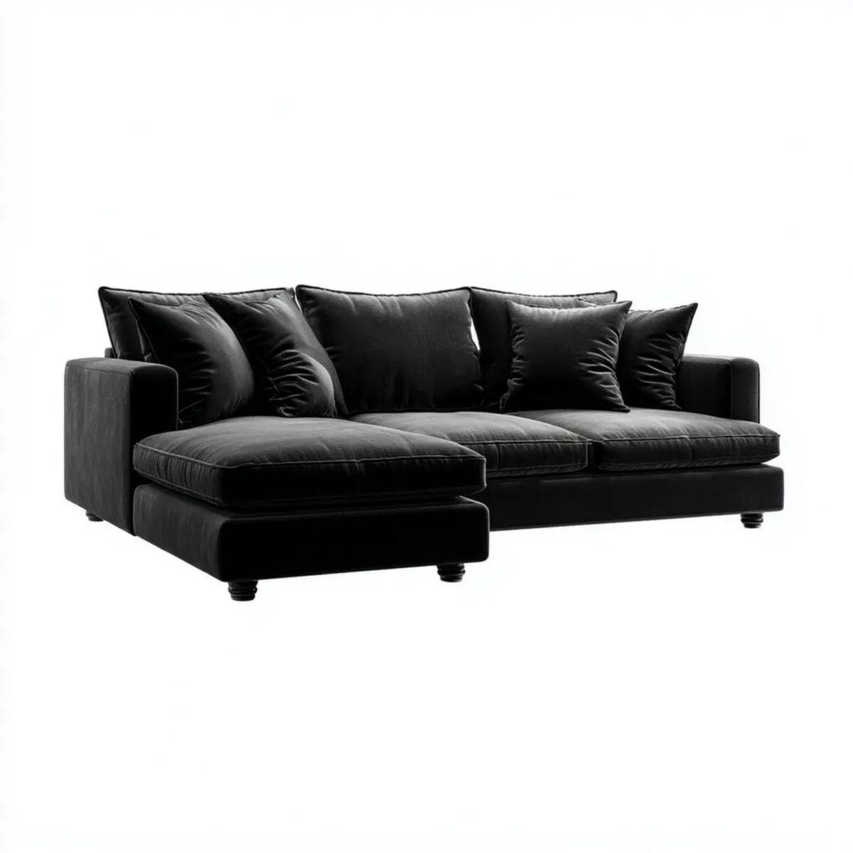 Czarna aksamitna sofa narożna w kształcie L z lewostronnym szezlongiem, 260 x 160 x 85 cm
