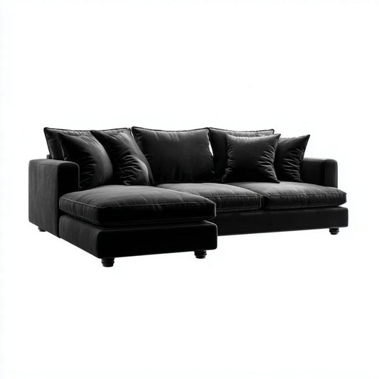 Czarna aksamitna sofa narożna w kształcie L z lewostronnym szezlongiem, 260 x 160 x 85 cm