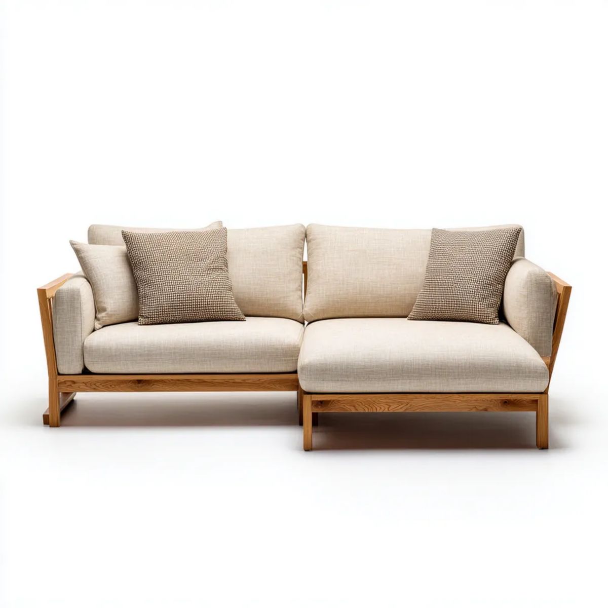 Sofa 2-osobowa beżowa z tapicerką poliestrową i drewnianą ramą, 210 x 90 x 82 cm