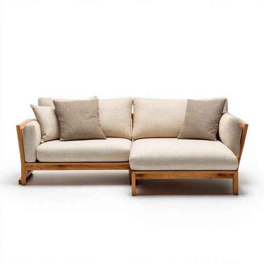 Sofa 2-osobowa beżowa z tapicerką poliestrową i drewnianą ramą, 210 x 90 x 82 cm