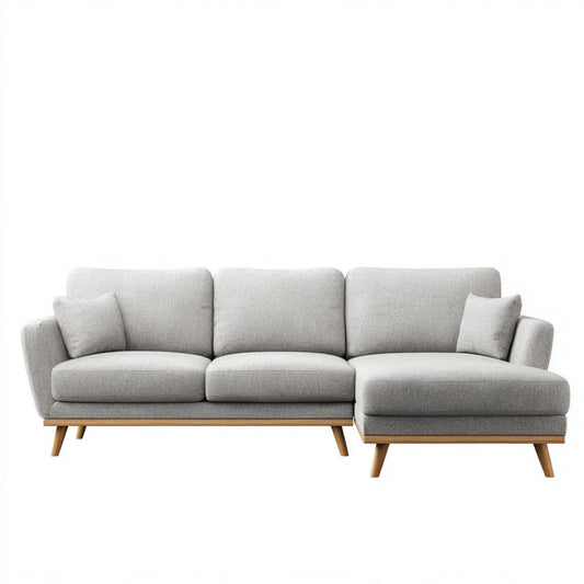 Prawostronna sofa narożna w kształcie L z poliestru, jasnoszara z naturalnym drewnem, 260 × 160 × 85 cm