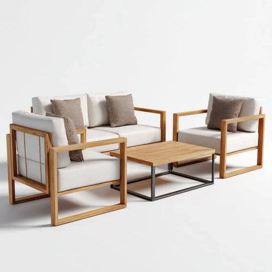 4-częściowy ogrodowy zestaw wypoczynkowy z drewna akacjowego, beżowy z brązowymi poduszkami i czarną metalową podstawą, sofa 140 x 75 x 72 cm, fotele 75 x 75 x 72 cm, stolik 100 x 60 x 45 cm